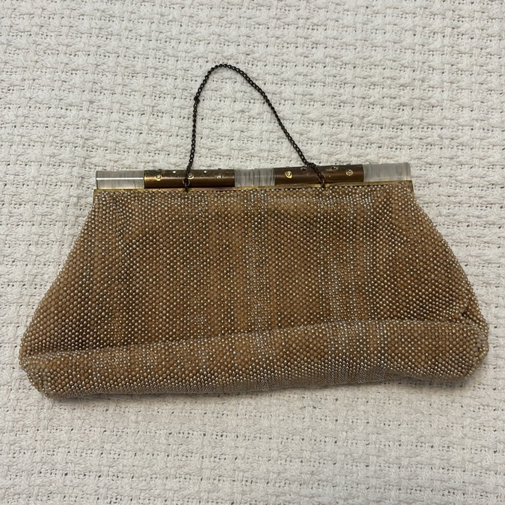 Vintage Hand Beaded Clutch by Josef satin interior lucite & metal opening - Picture 3 of 15